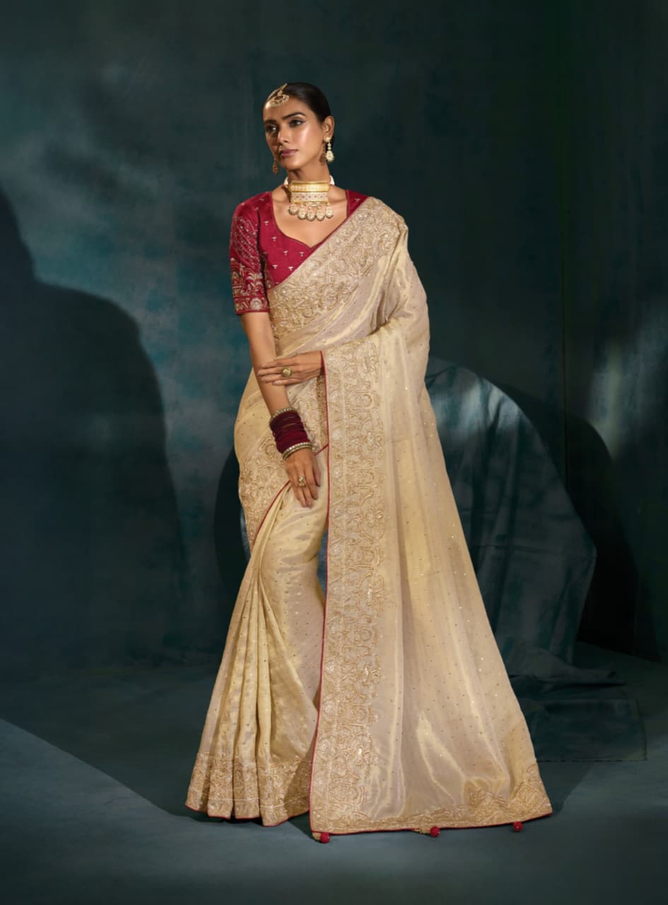 Cream Pure Ziraf Silk Jari Handwork Saree