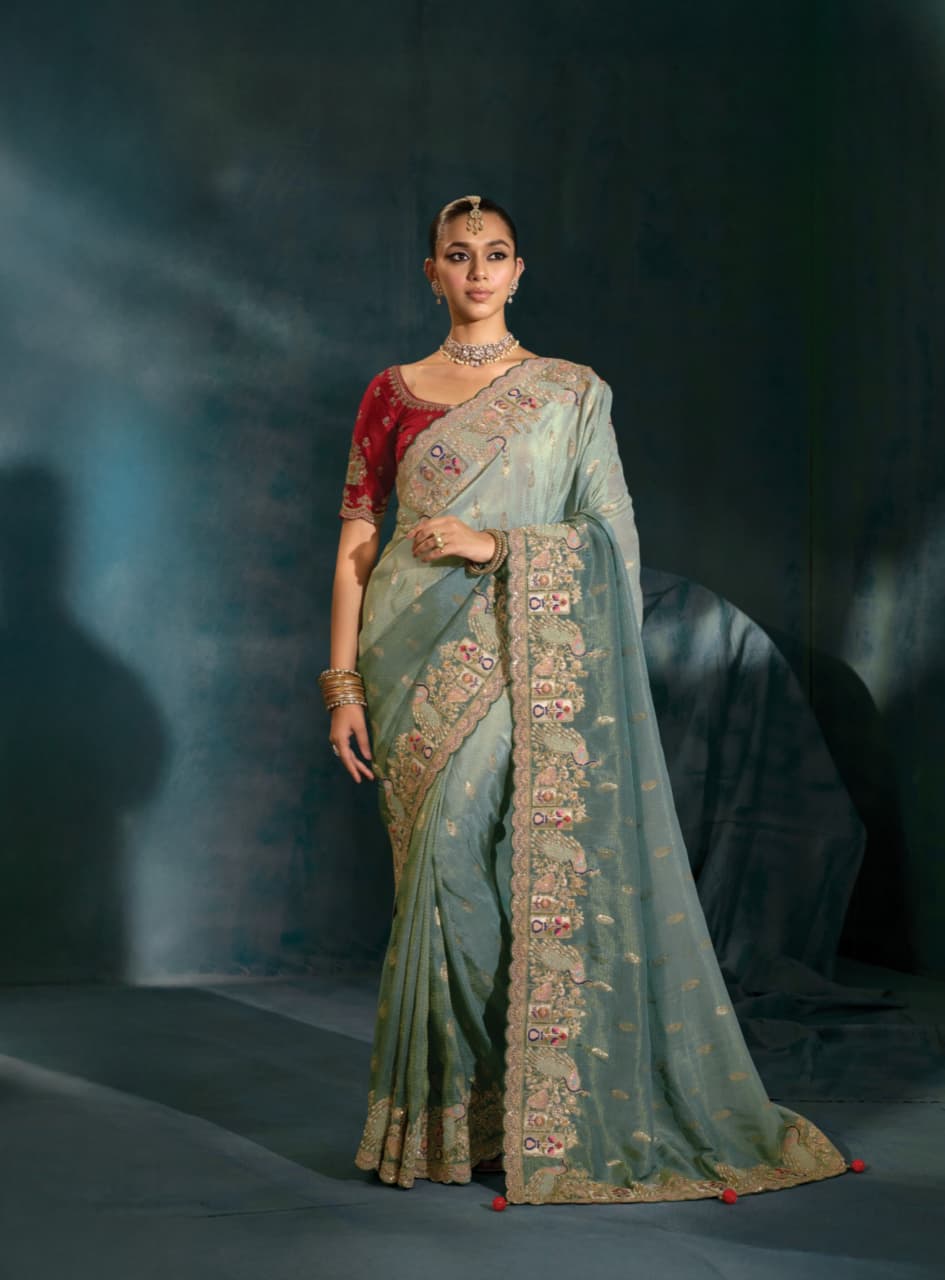 Grey Pure Natural Crape Jari Thread Handwork Saree
