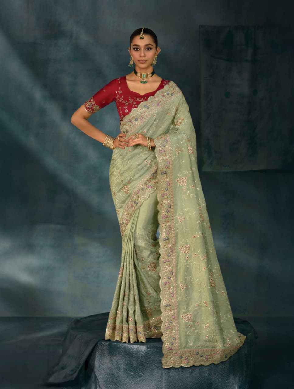 Pista Pure Banarasi Jari Handwork Saree