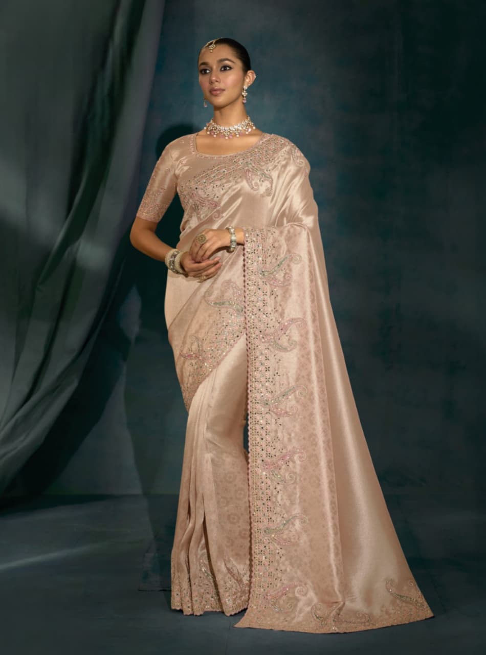 Rose Gold Pure Ziraf Silk Jari Thread Handwork Saree