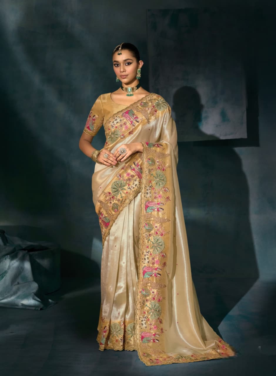 Cream Pure Ziraf Silk Jari Thread Handwork Saree