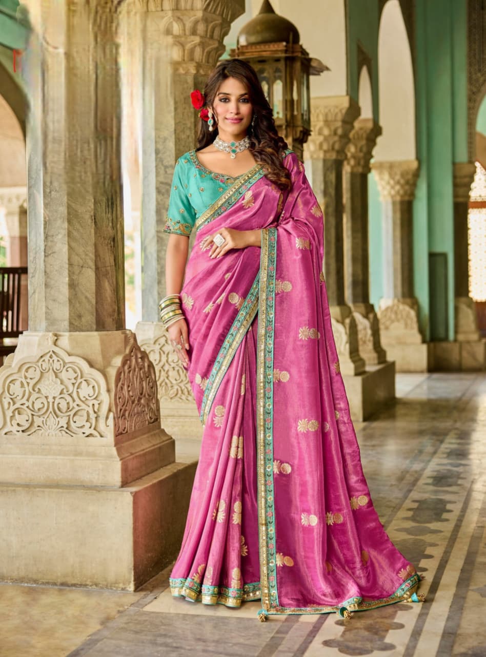 Magenta Viscose Tissue Bead Work Fancy Lace Saree
