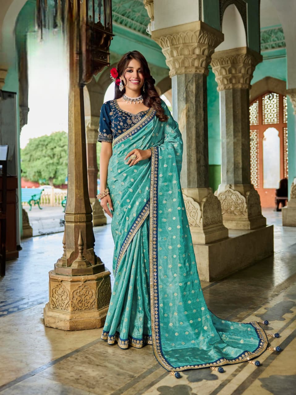 Turquoise Viscose Tissue Bead Work Fancy Lace Saree