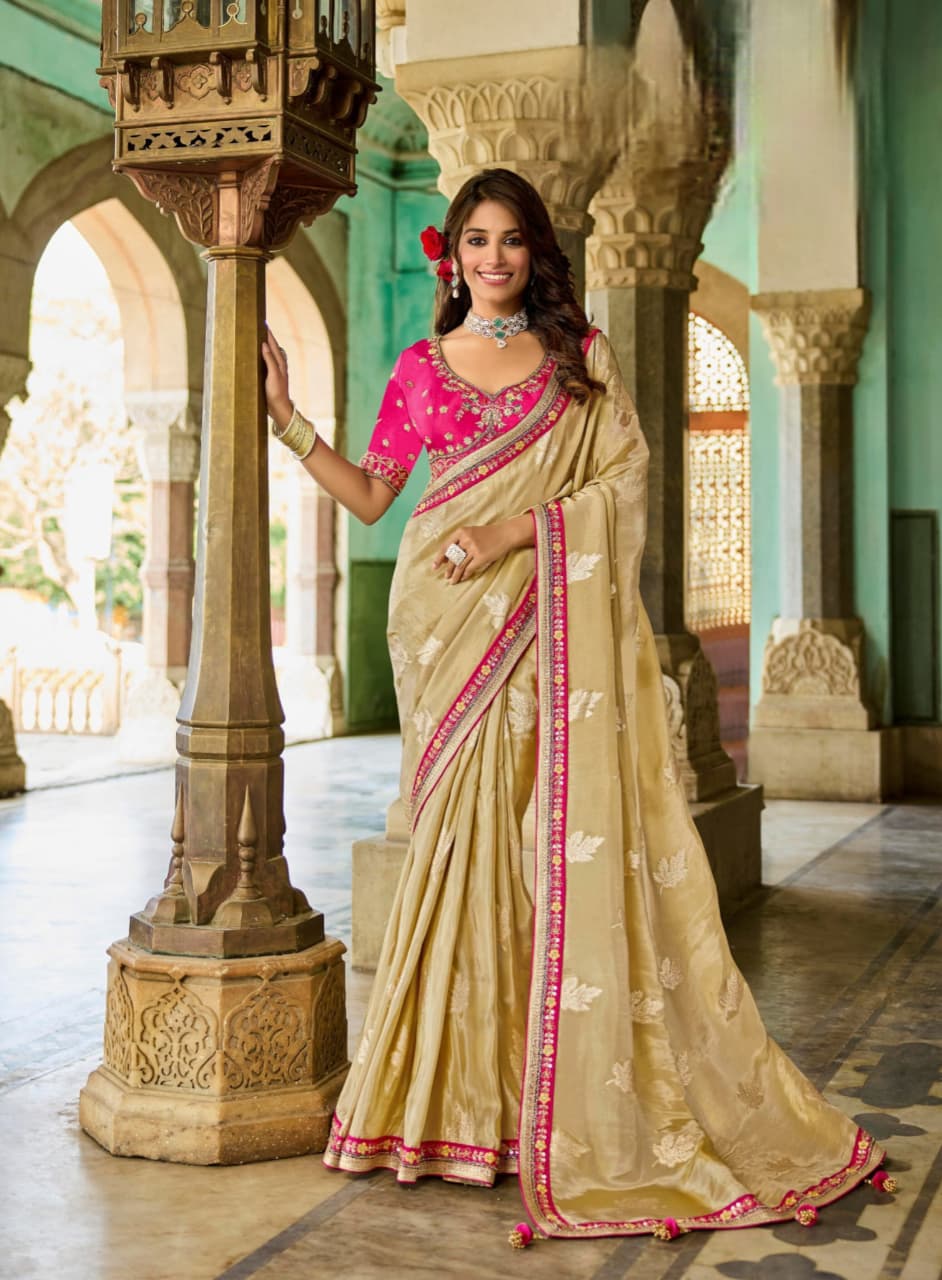 Golden Viscose Tissue Bead Work Fancy Lace Saree