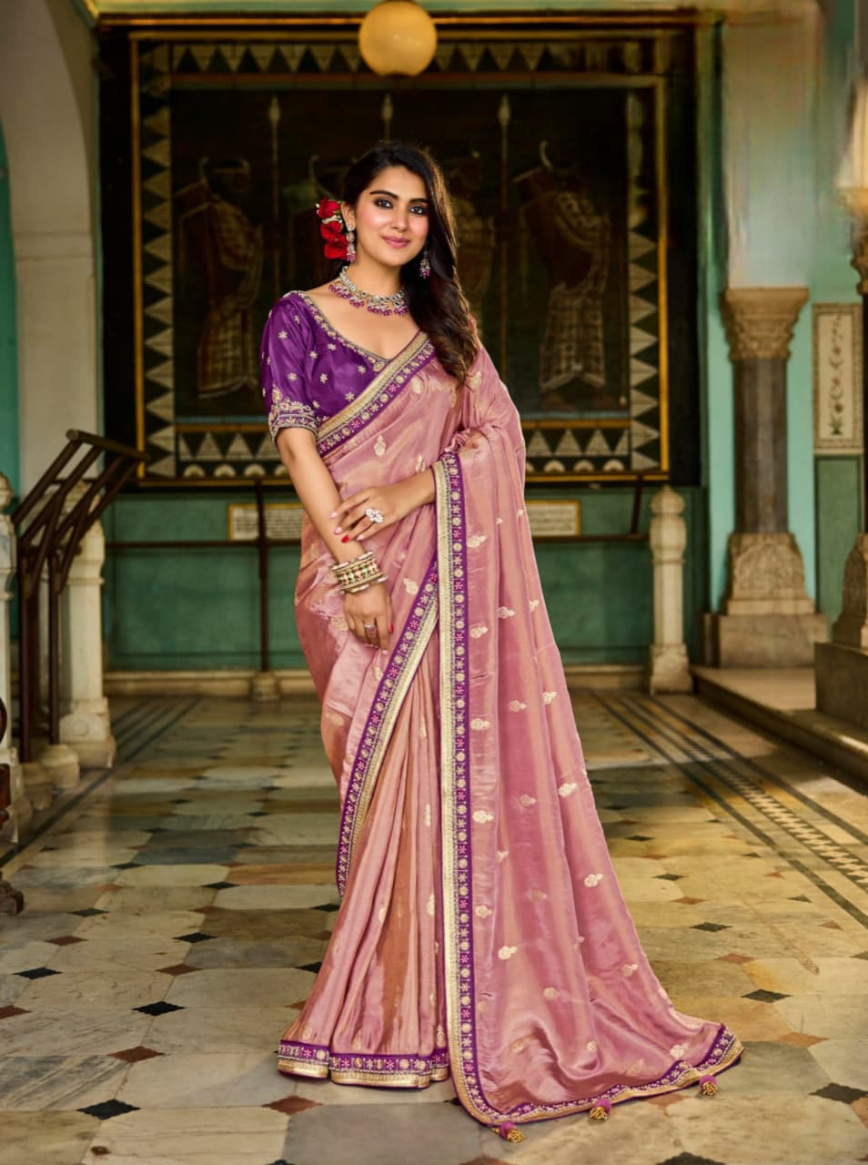 Pink Viscose Tissue Bead Work Fancy Lace Saree
