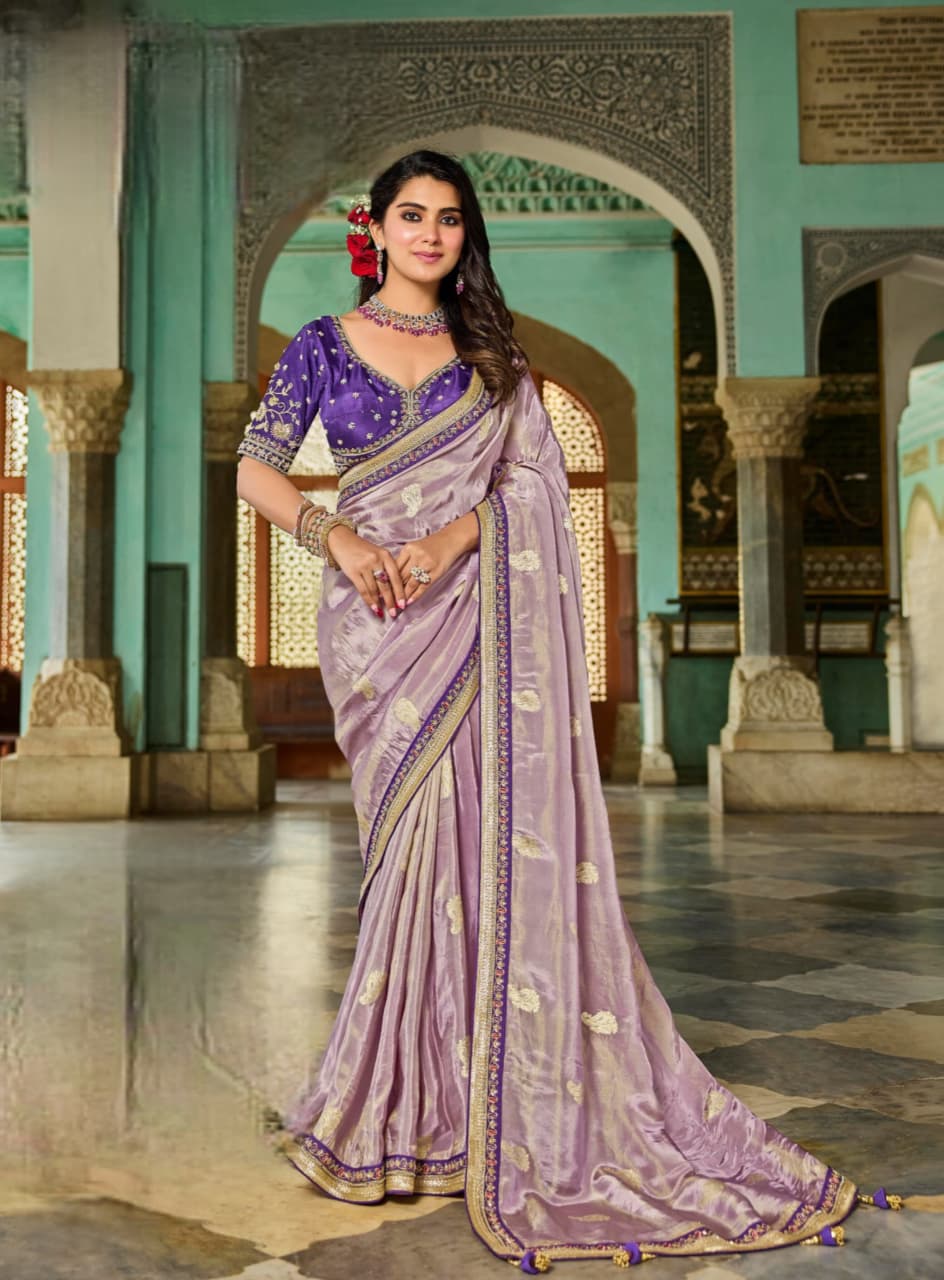 Lavender Viscose Tissue Bead Work Fancy Lace Saree