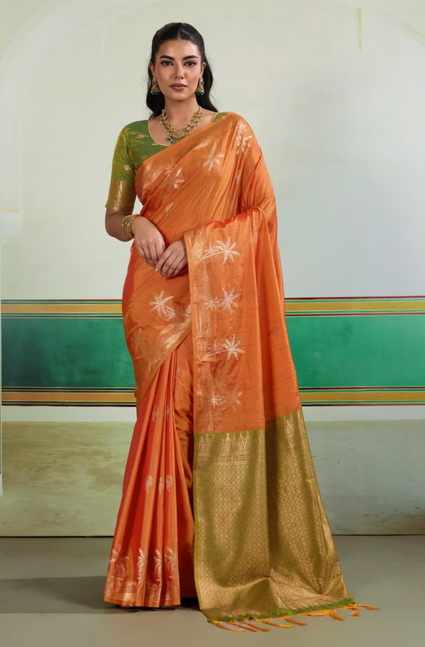 Orange Tussar Silk Handloom Weaving Saree