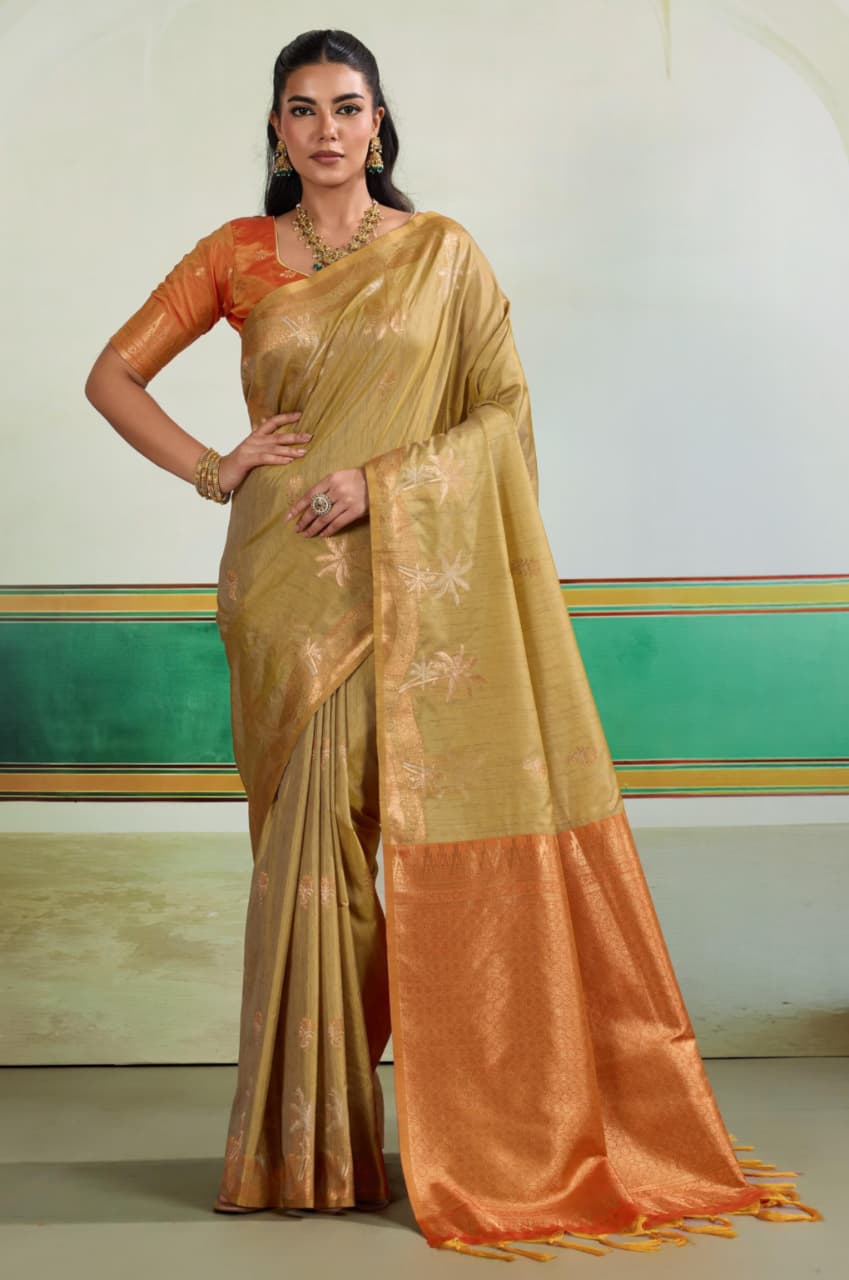 Golden Tussar Silk Handloom Weaving Saree