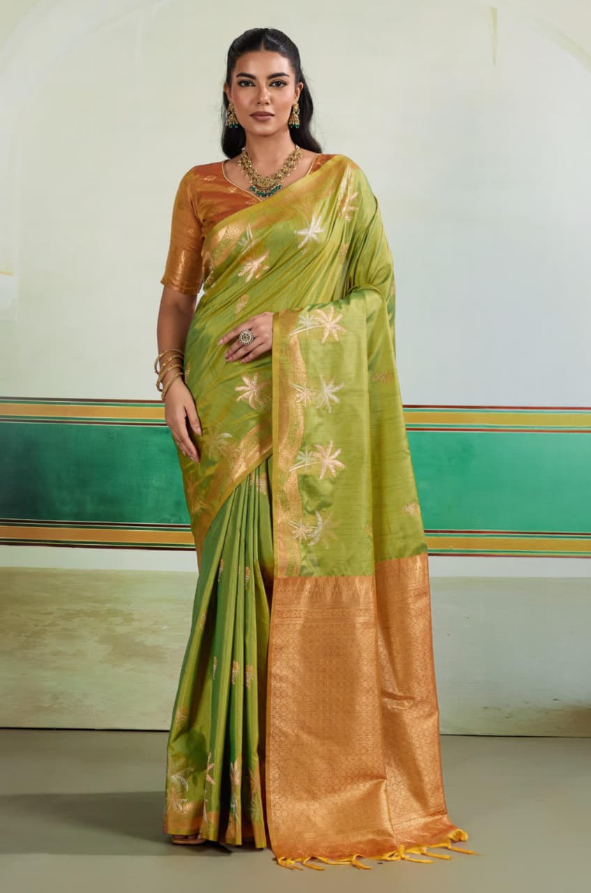 Green Tussar Silk Handloom Weaving Saree