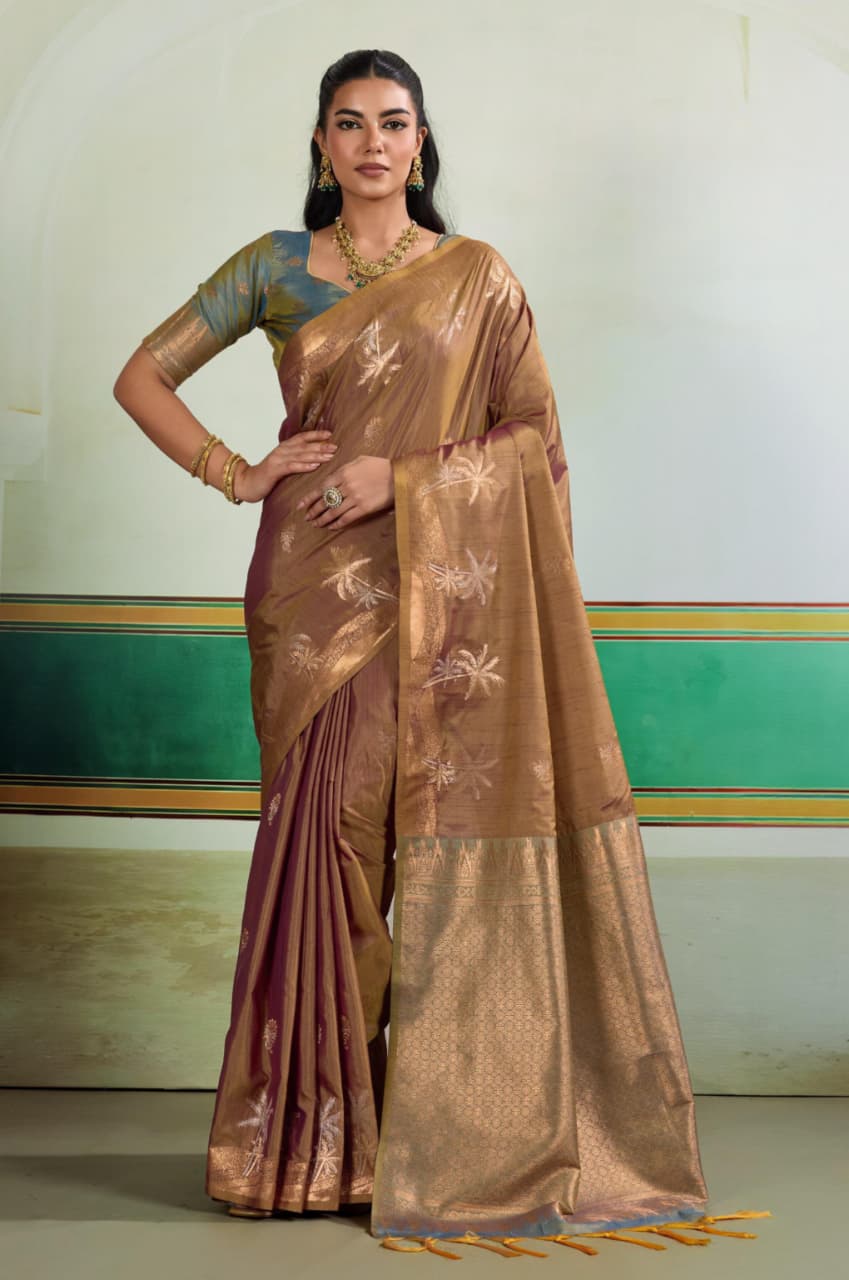 Brown Tussar Silk Handloom Weaving Saree