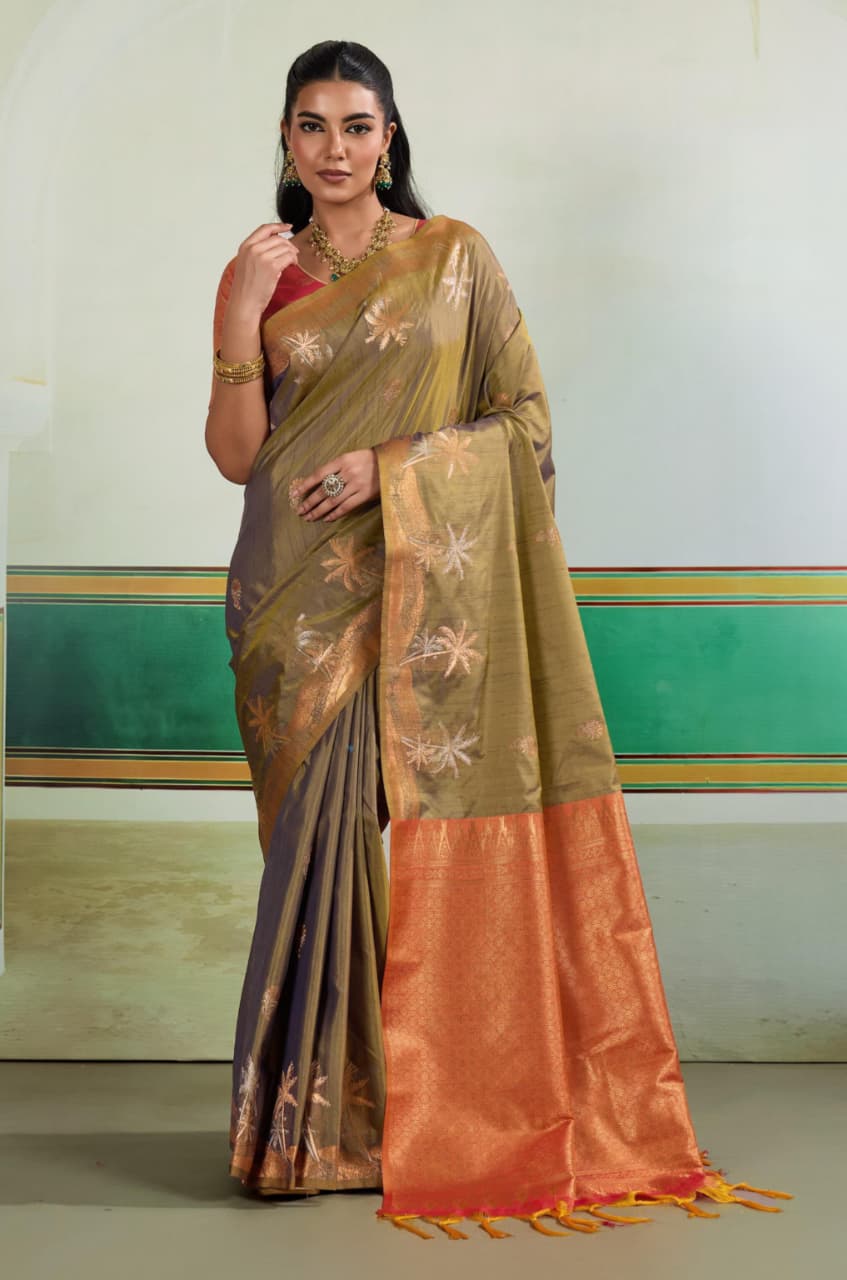 Olive Green Tussar Silk Handloom Weaving Saree