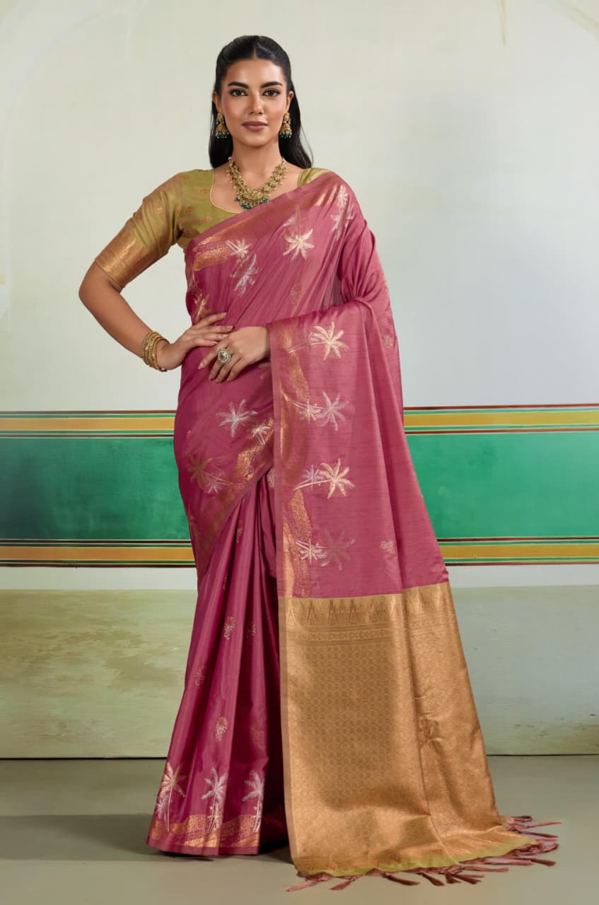 Pink Tussar Silk Handloom Weaving Saree