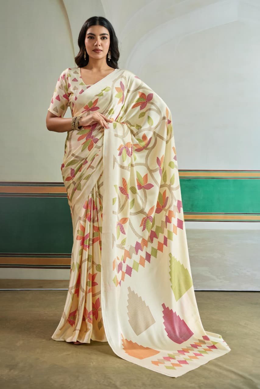 Cream Modal Satin Ajrakh Print Saree