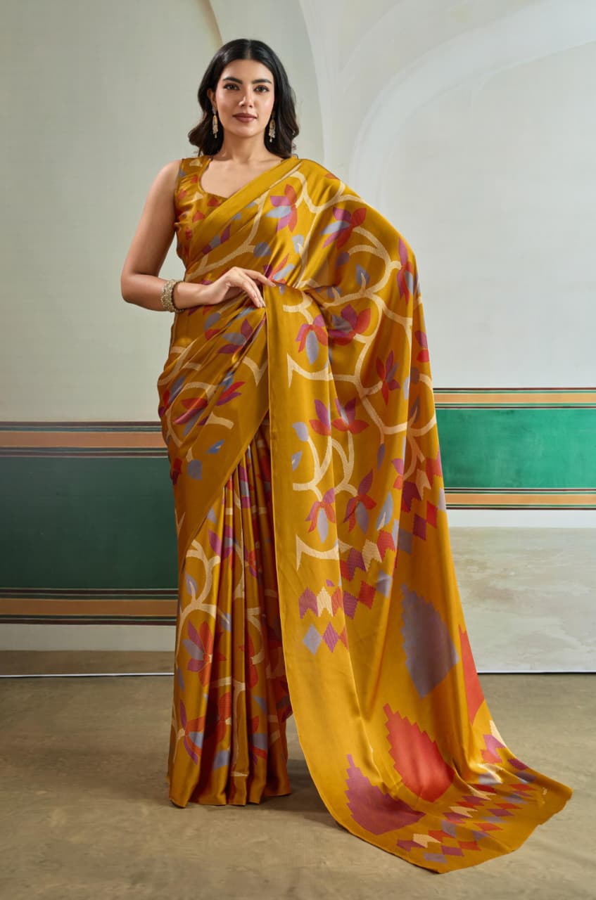 Mustard Yellow Modal Satin Ajrakh Print Saree