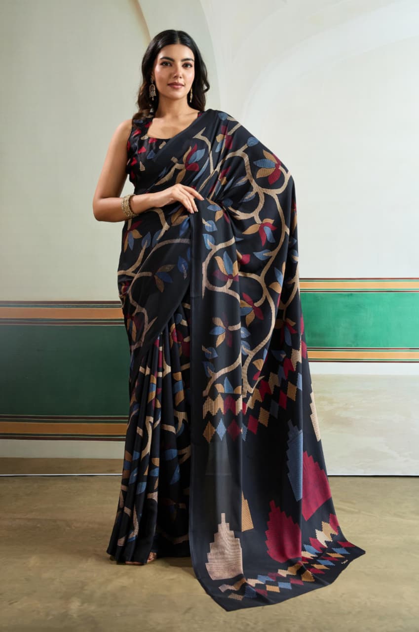 Black Modal Satin Ajrakh Print Saree