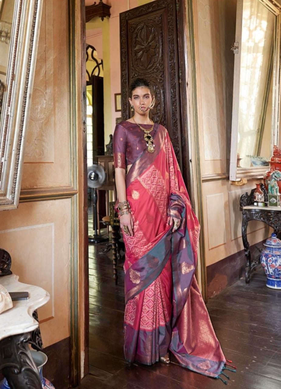 Pink Purple Pure Silk Handloom Weaving Saree