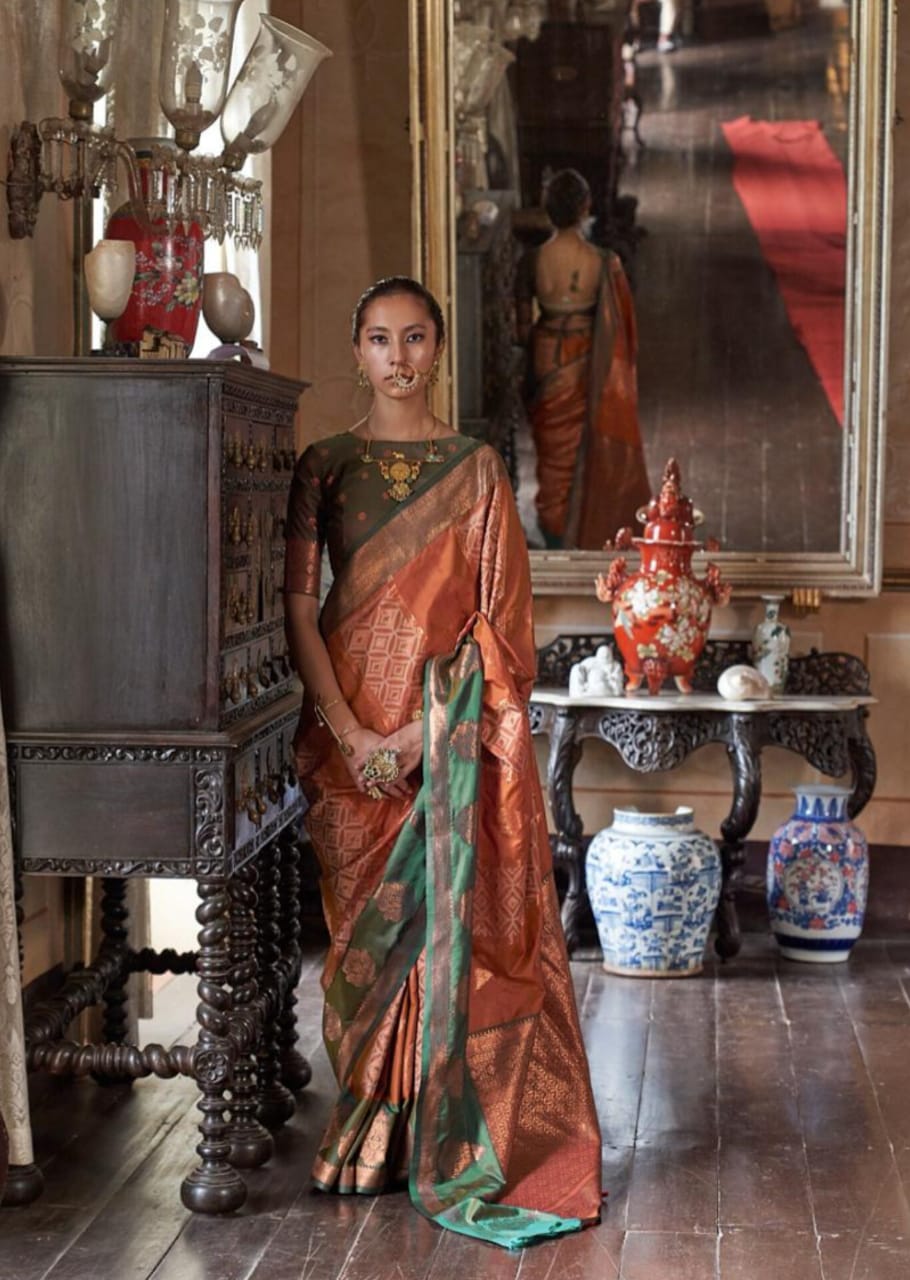 Rust Orange Pure Silk Handloom Weaving Saree