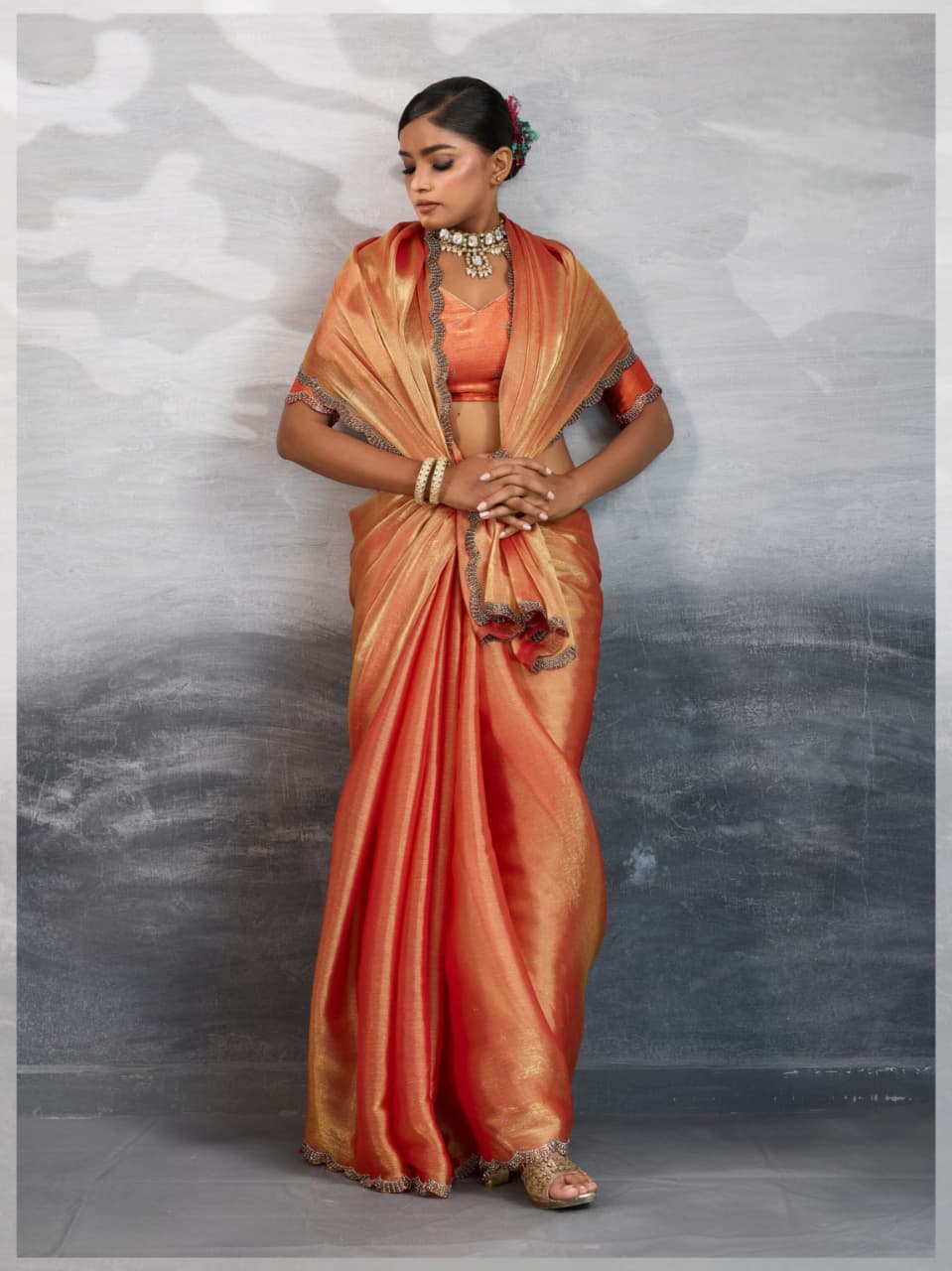 Orange Burberry Chiffon Zarkan Cutdana Applique Saree