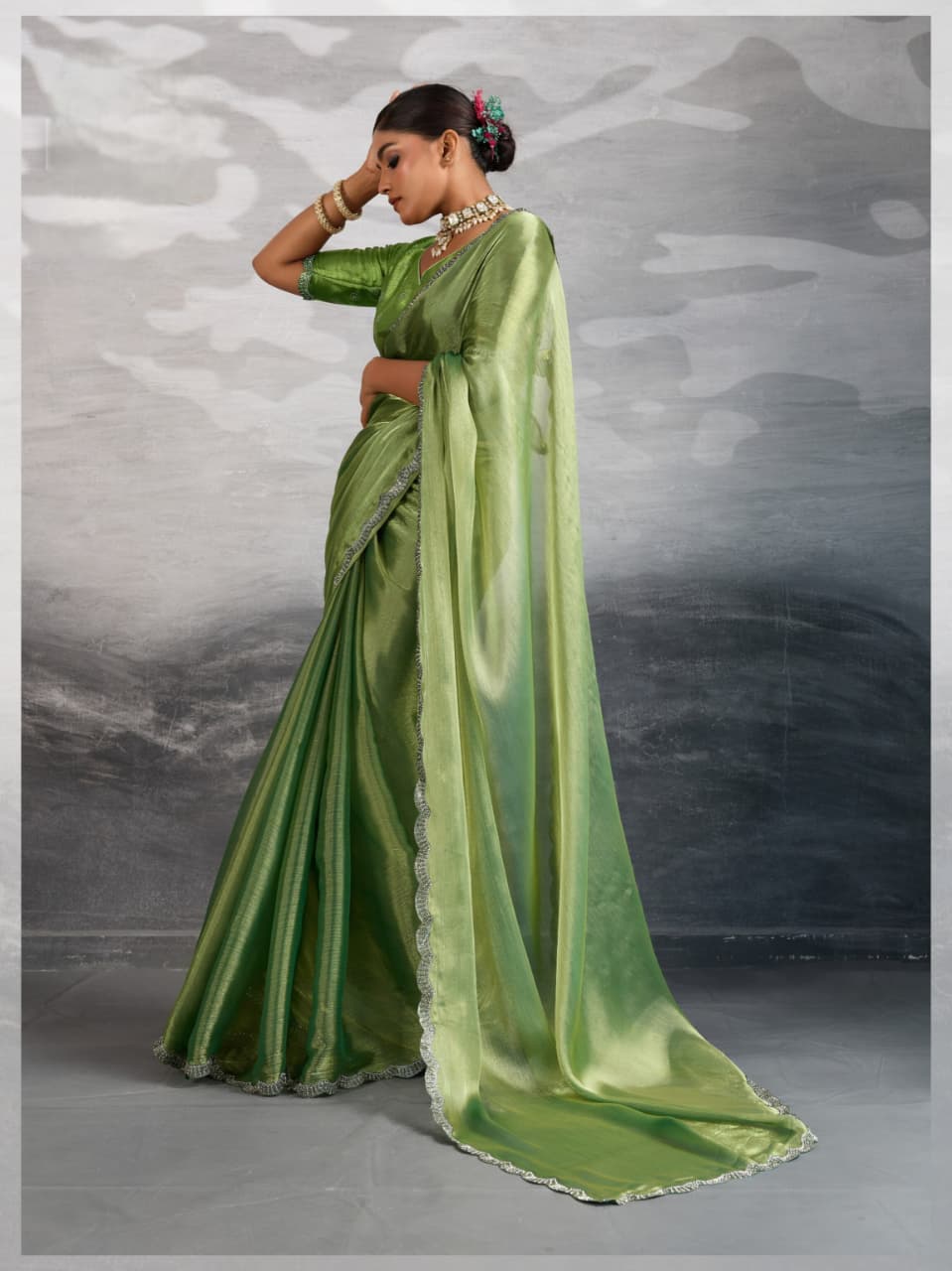 Green Burberry Chiffon Zarkan Cutdana Applique Saree
