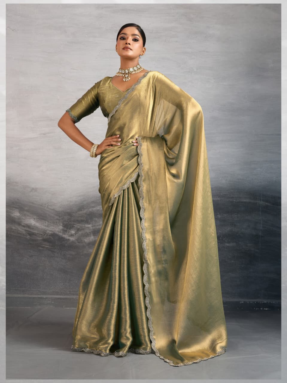 Golden Burberry Chiffon Zarkan Cutdana Applique Saree