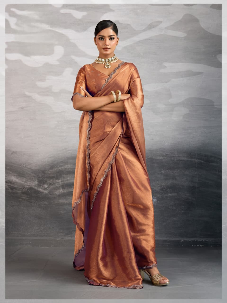 Copper Burberry Chiffon Zarkan Cutdana Applique Saree