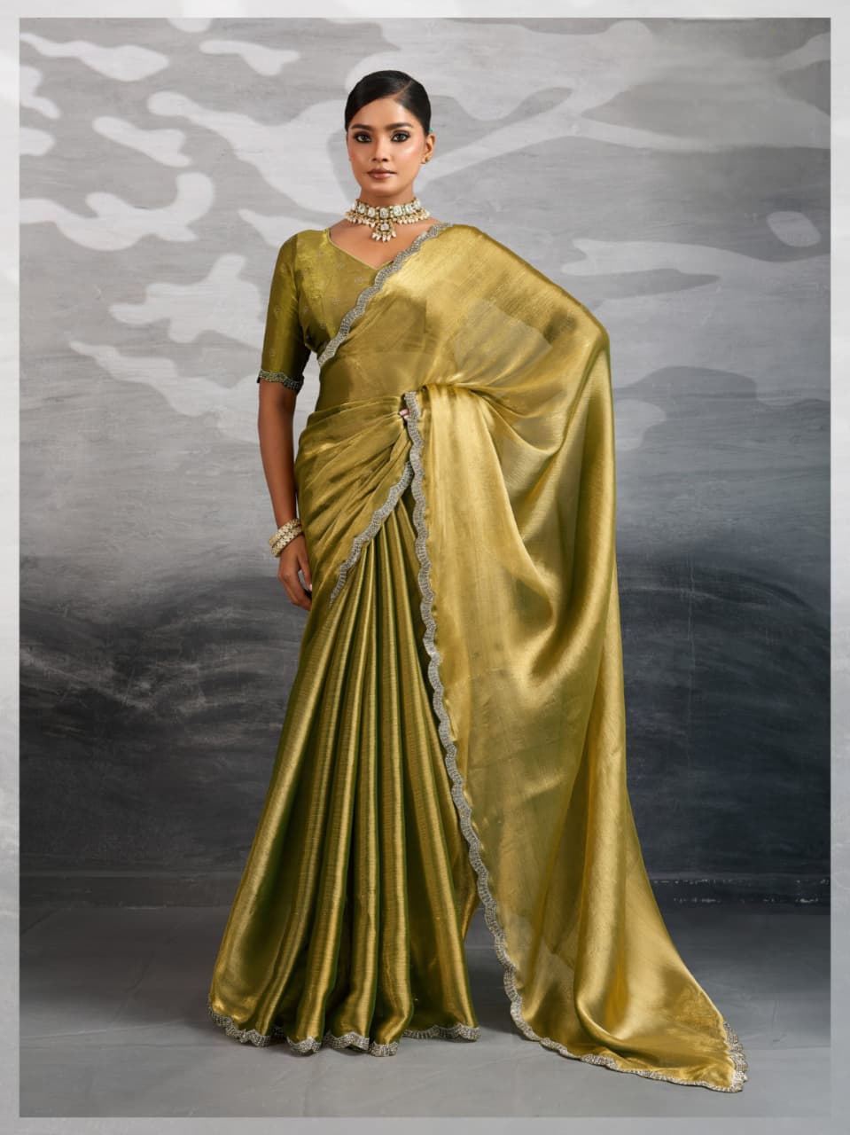 Olive Burberry Chiffon Zarkan Cutdana Applique Saree