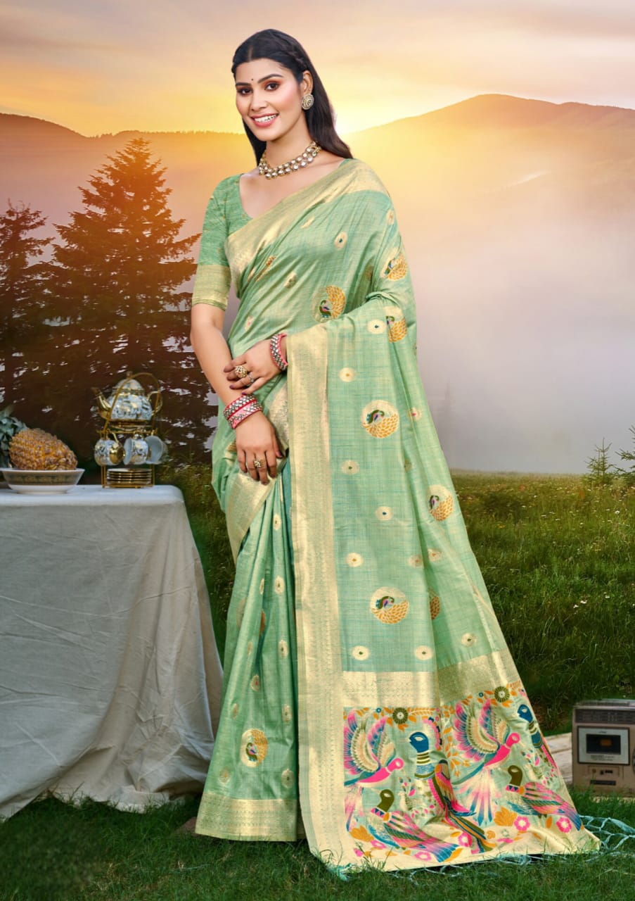 Sea Green Heavy Assam Silk Meena Work Saree
