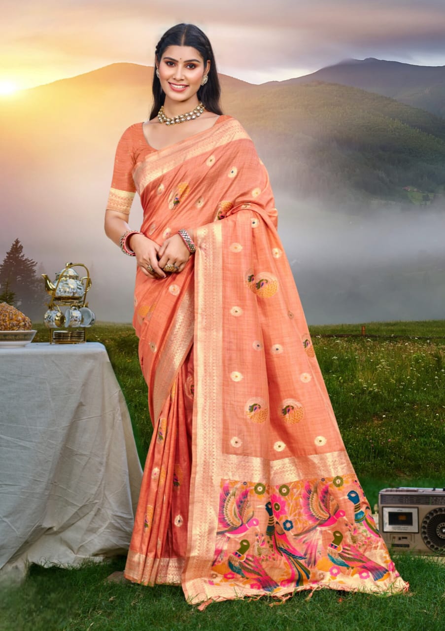 Orange Heavy Assam Silk Meena Work Saree