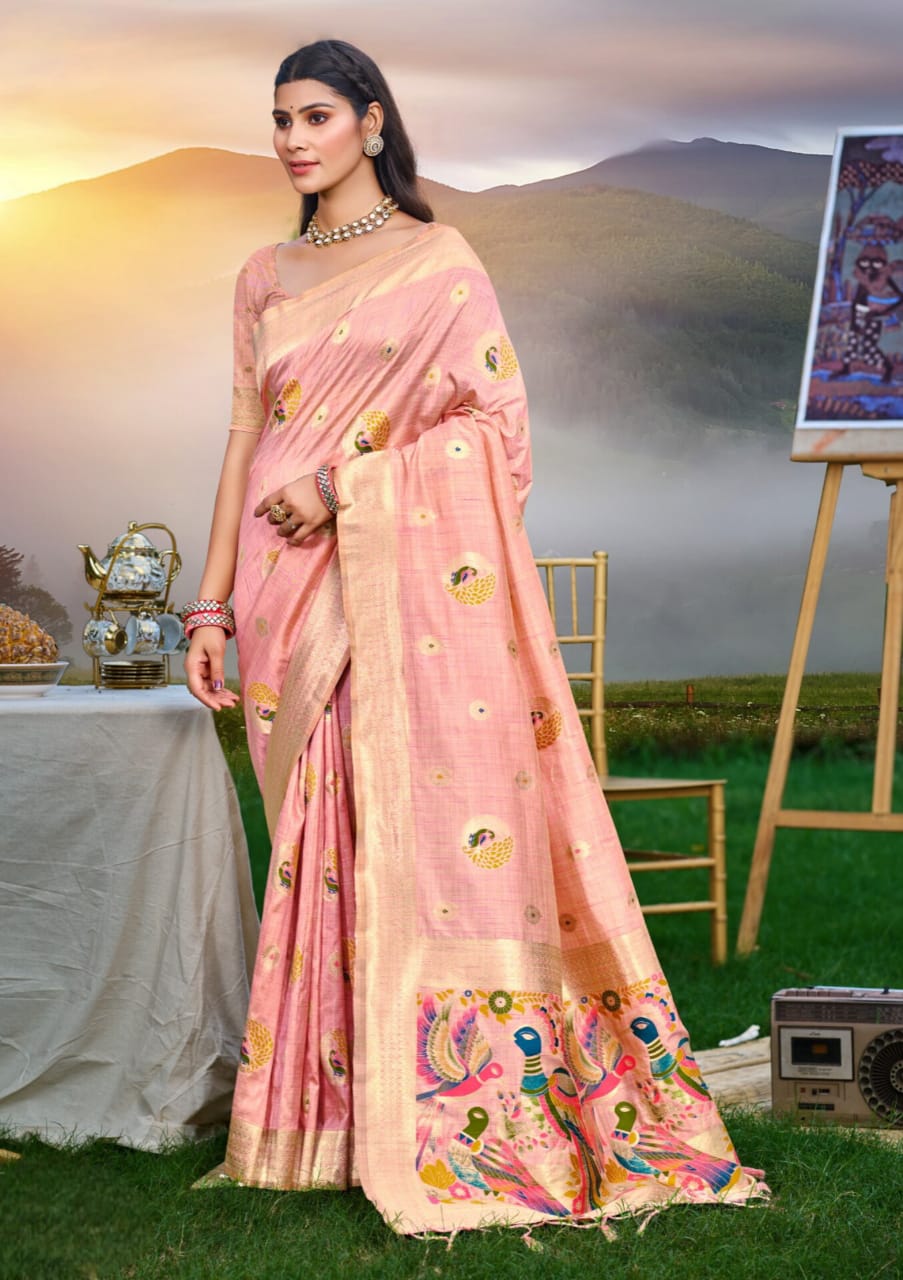 Pink Heavy Assam Silk Meena Work Saree