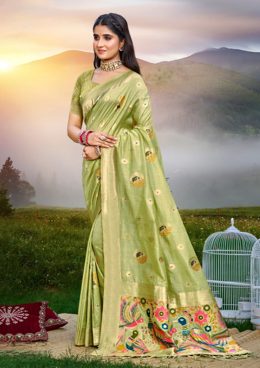 Green Heavy Assam Silk Meena Work Saree