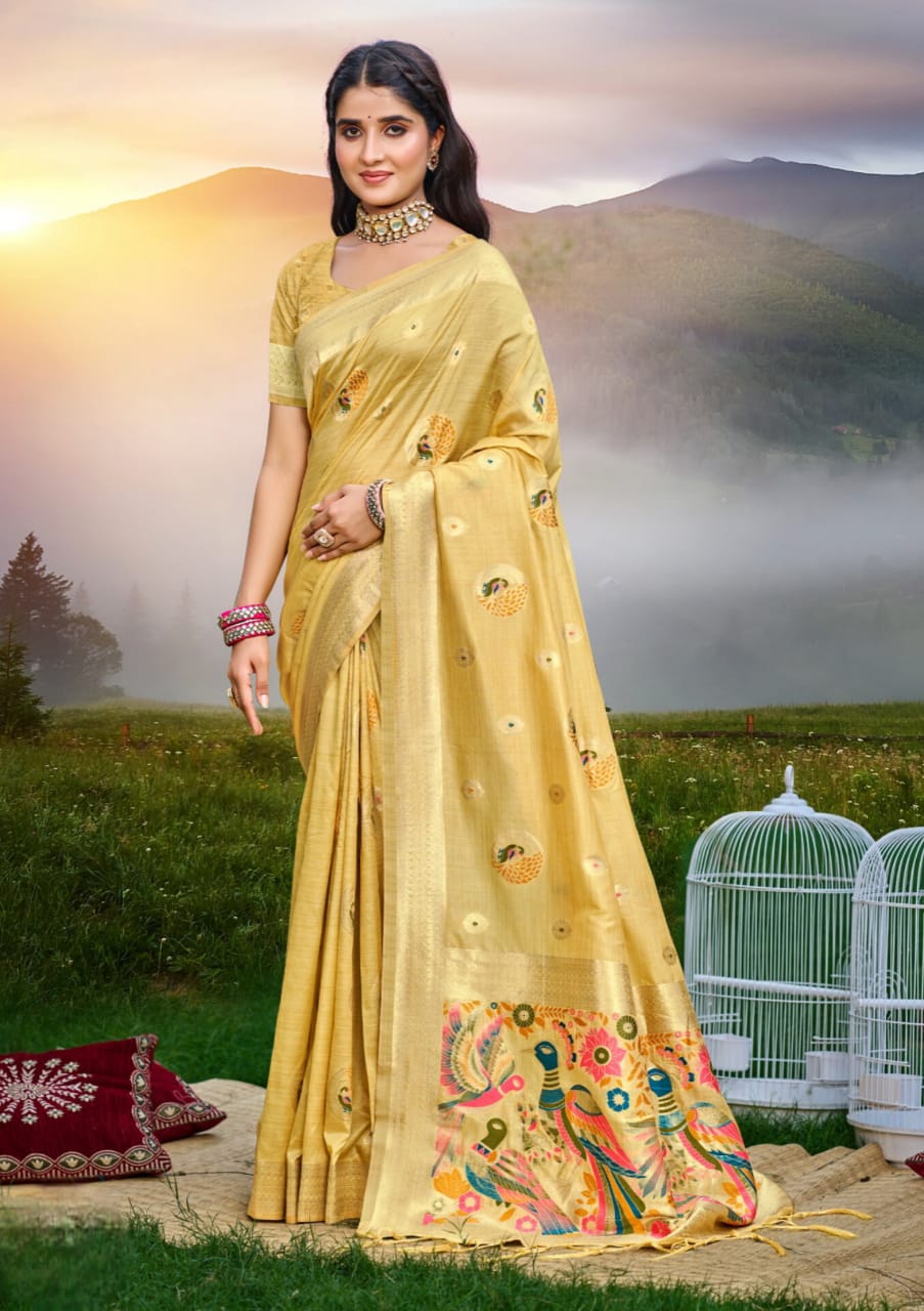 Yellow Heavy Assam Silk Meena Work Saree