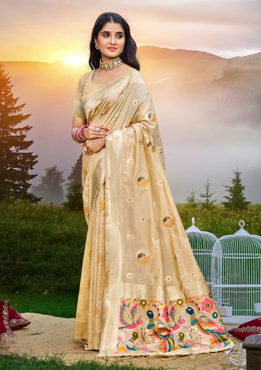Cream Heavy Assam Silk Meena Work Saree