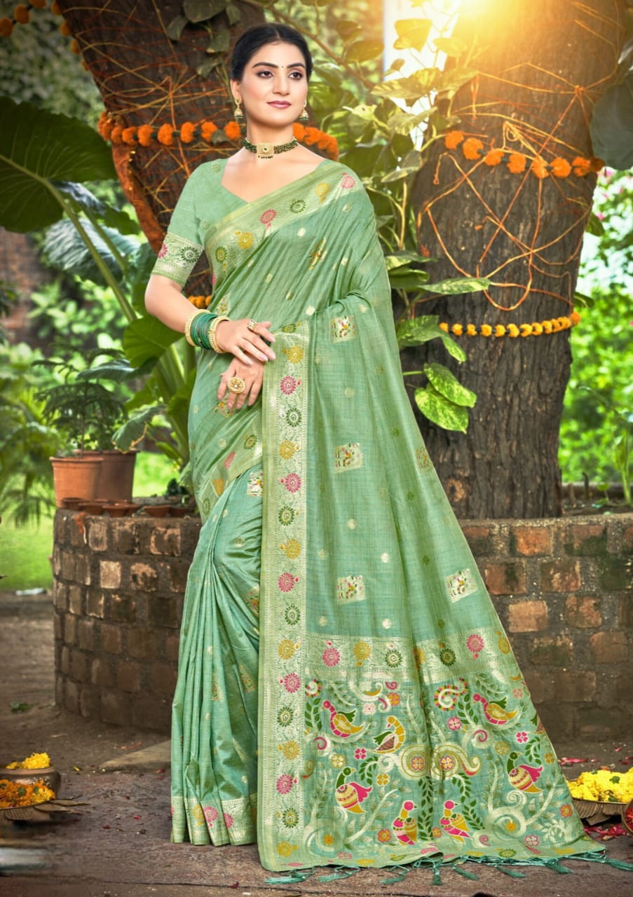 Mint Green Heavy Assam Silk Meena Work Saree