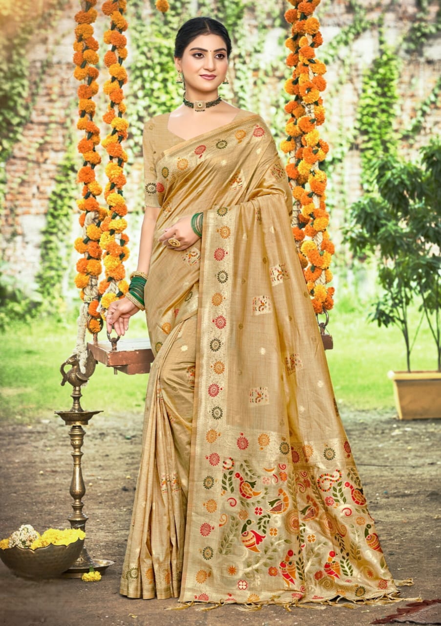 Beige Heavy Assam Silk Meena Work Saree