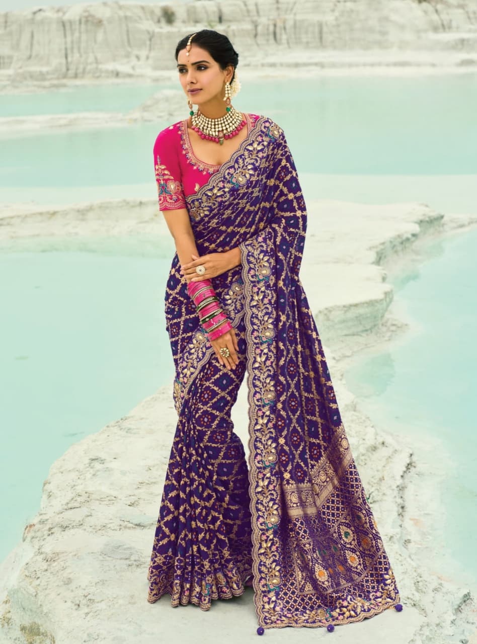 Purple Pure Georgette Cutdana Work Saree