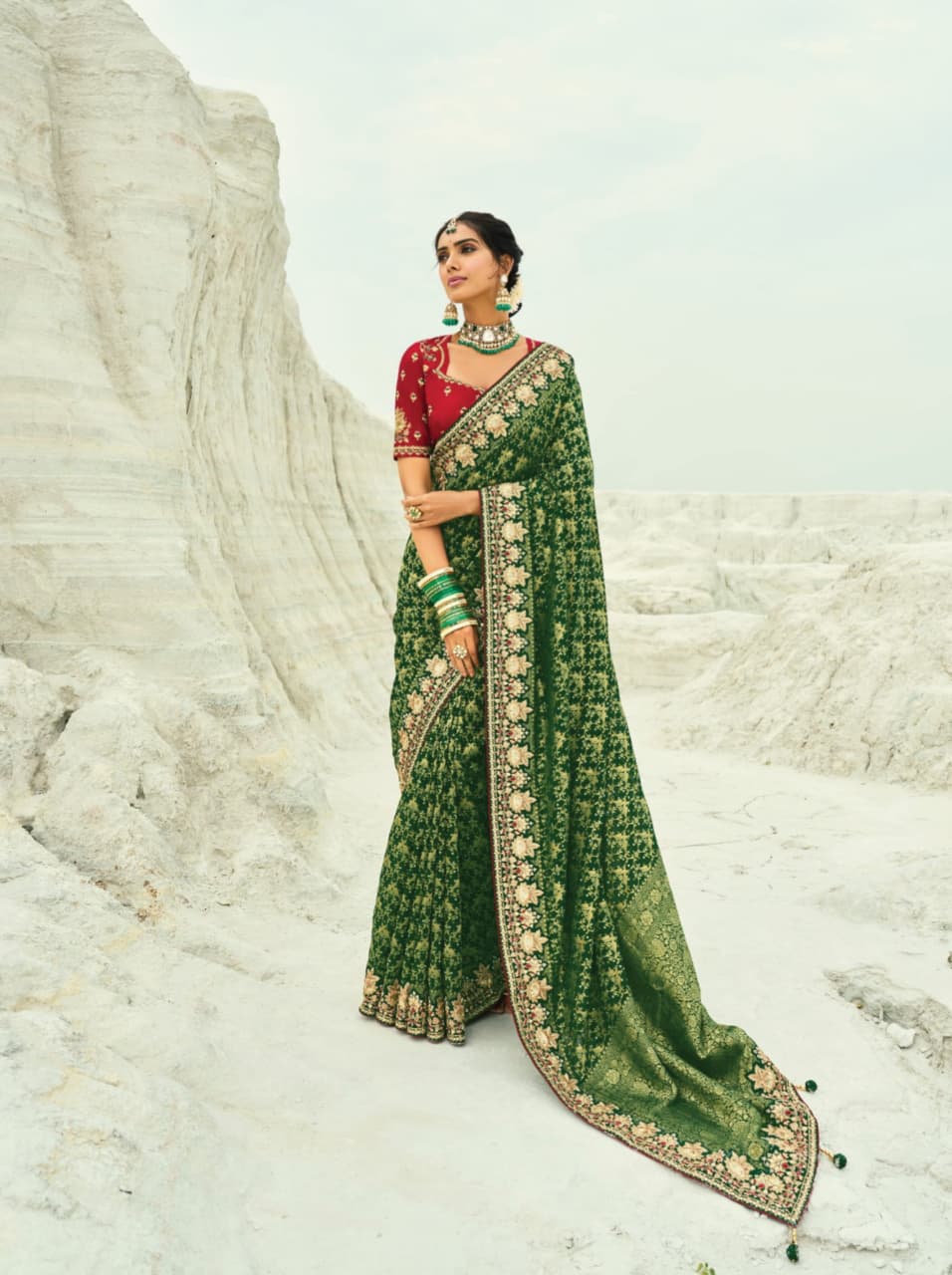 Green Pure Georgette Cutdana Work Saree