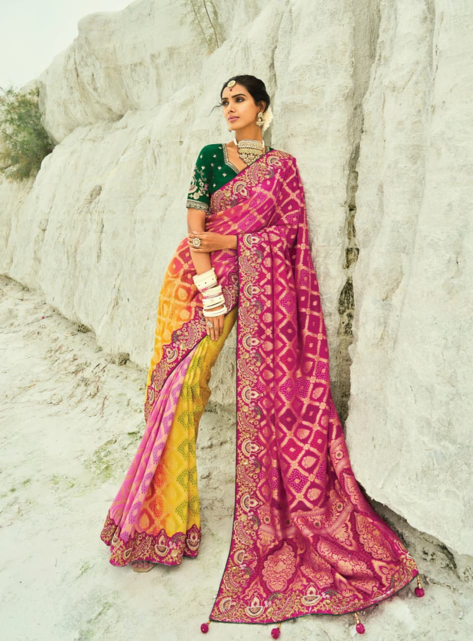 Rani Yellow Pink Pure Georgette Cutdana Work Saree