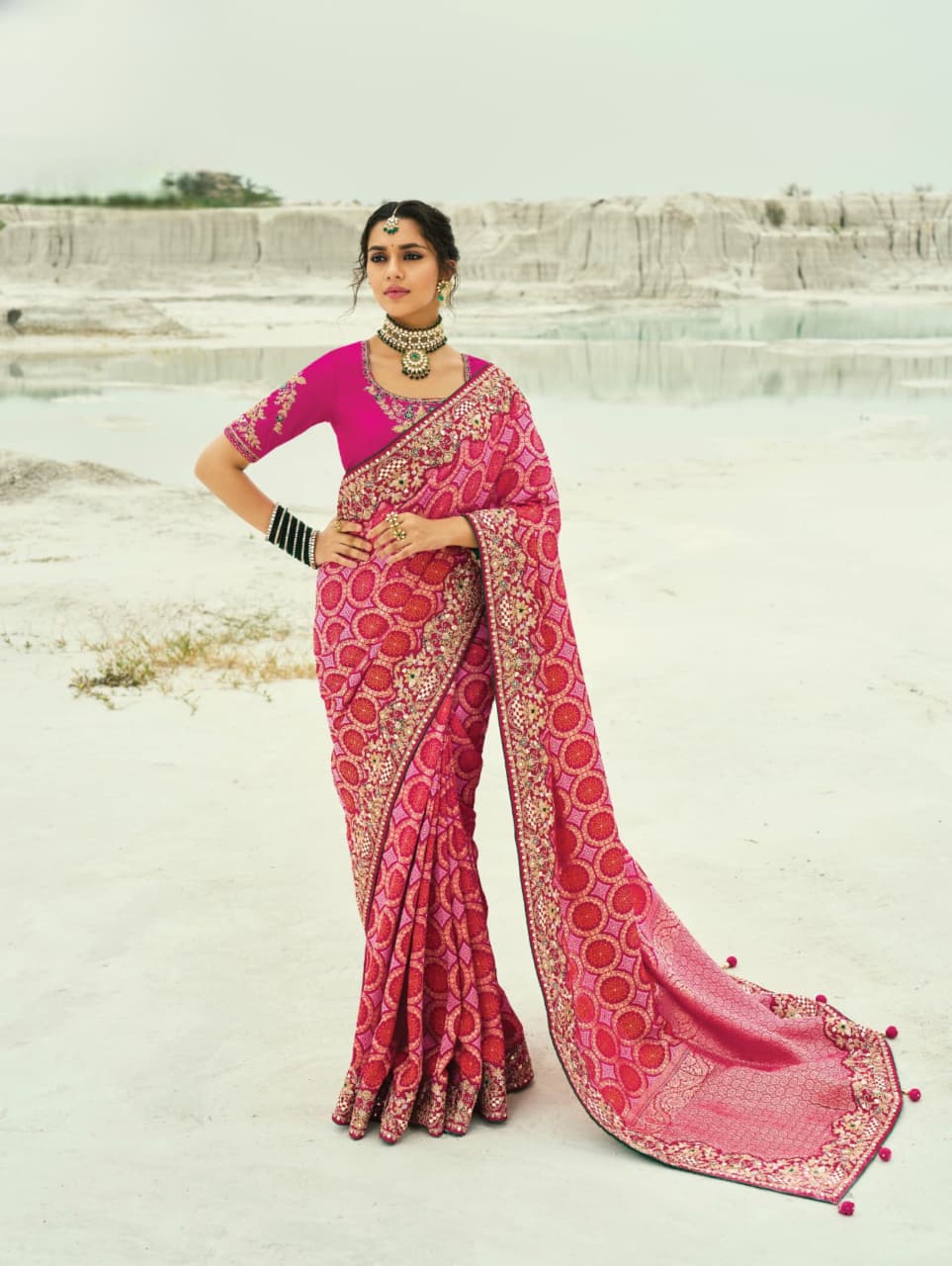Red Rani Pure Georgette Cutdana Work Saree