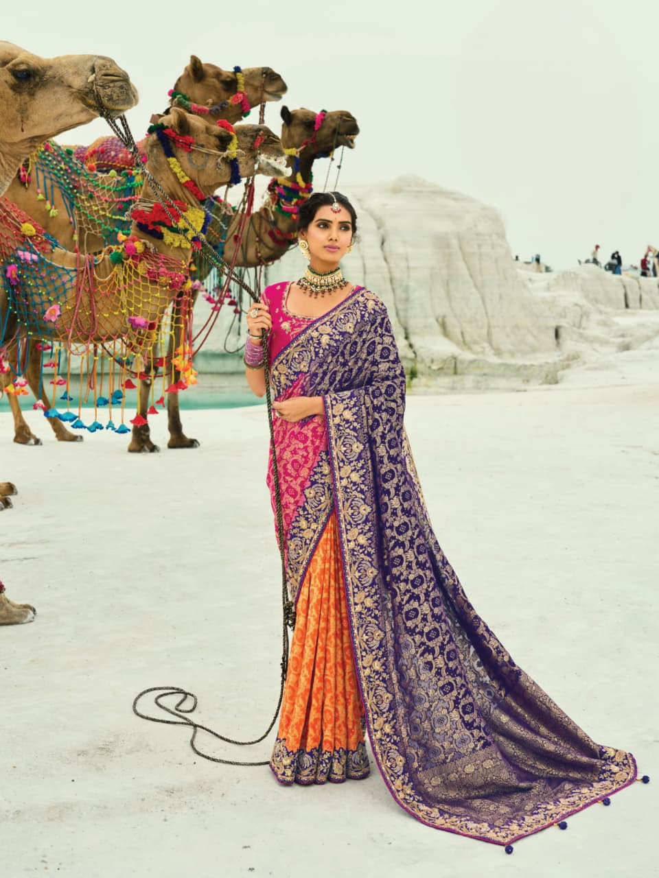 Purple Rani Orange Pure Georgette Cutdana Work Saree