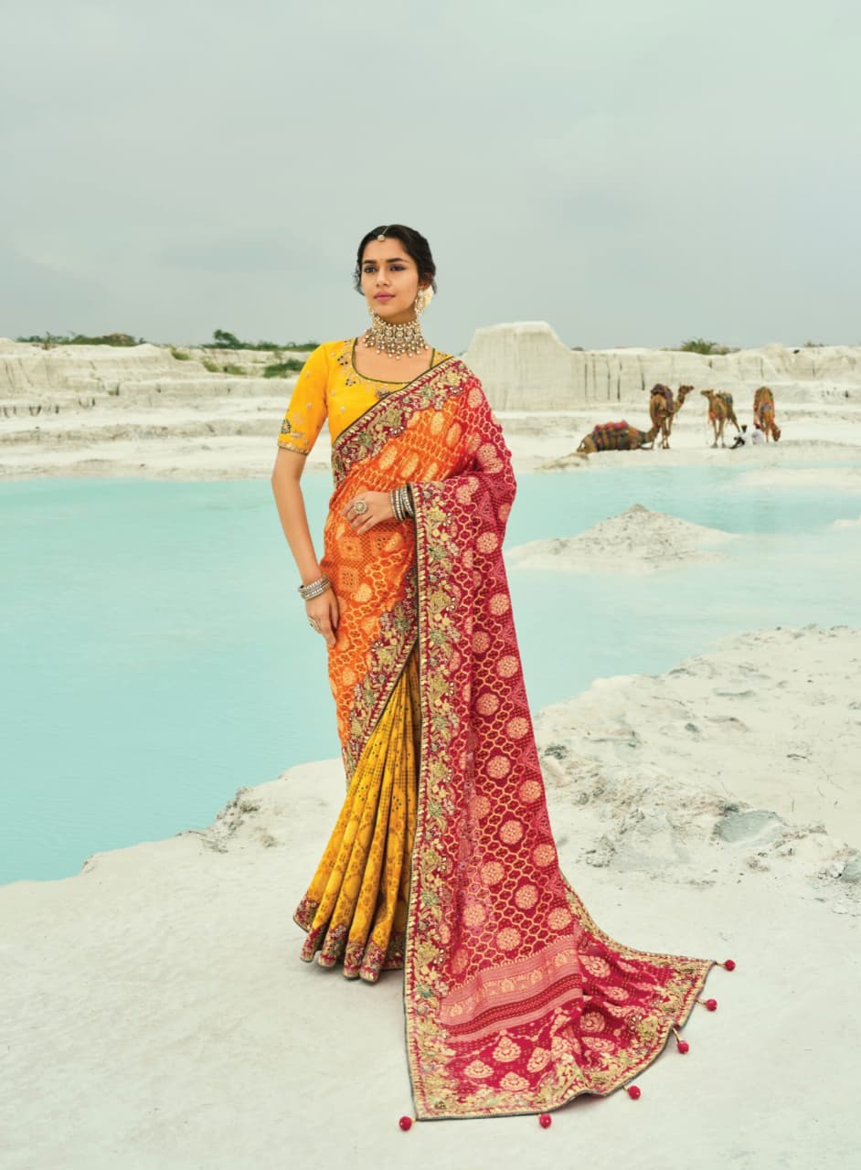 Red Mustard Orange Pure Georgette Cutdana Work Saree