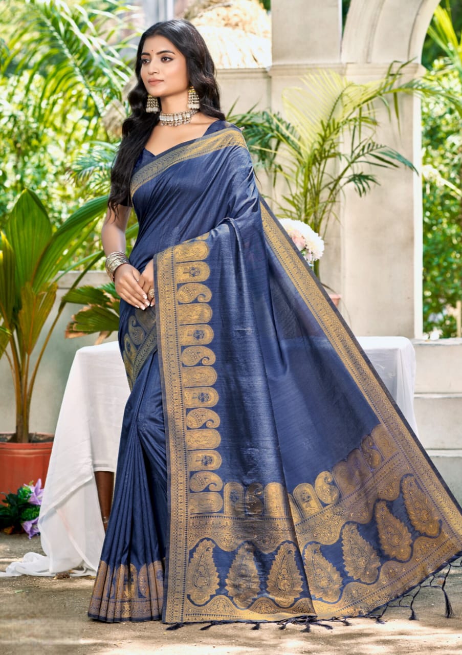 Navy Blue Assam Silk Designer Weaving Work Saree