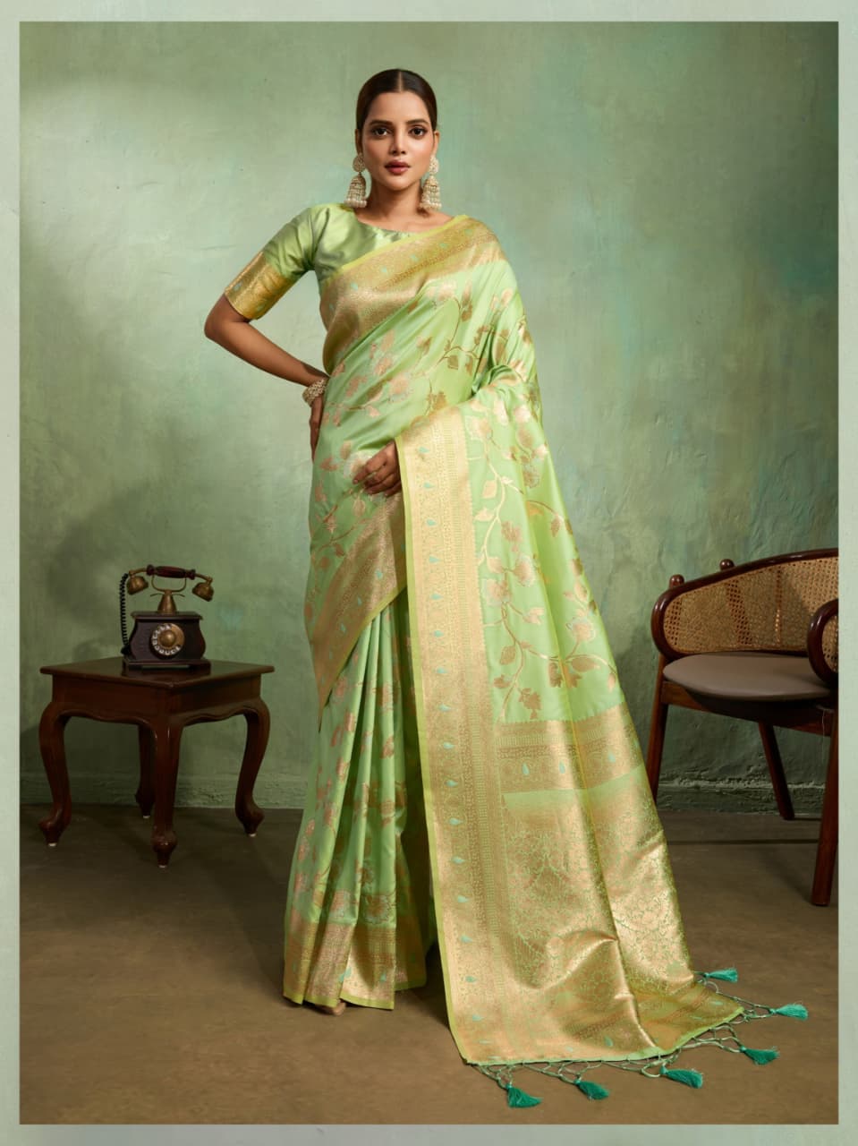 Light Green Banarasi Silk Golden Zari Woven Saree