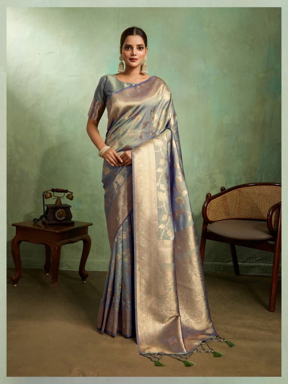 Grey Banarasi Silk Golden Zari Woven Saree