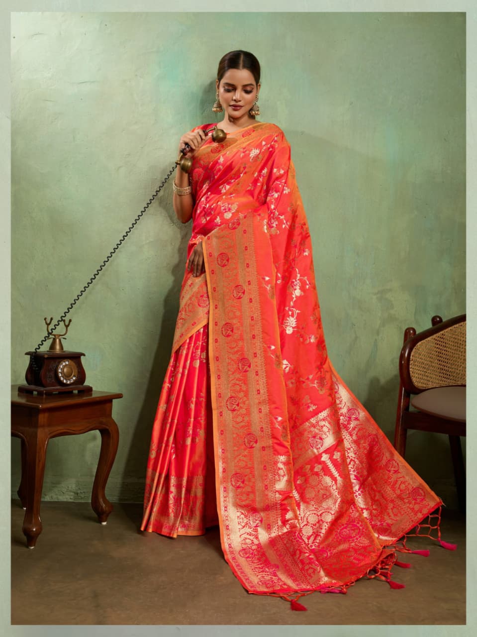 Orange Banarasi Silk Golden Zari Woven Saree