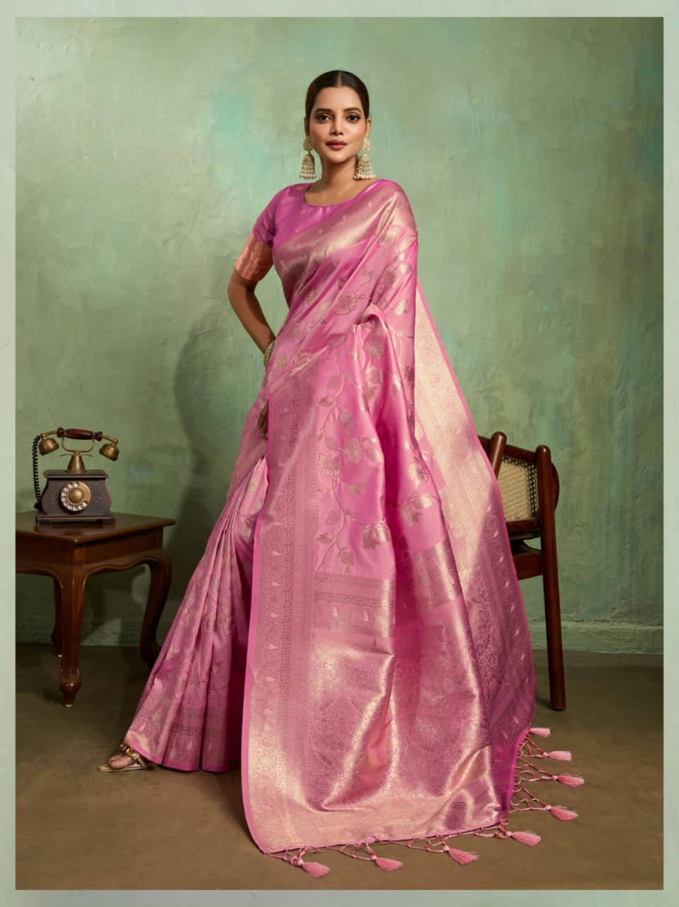 Pink Banarasi Silk Golden Zari Woven Saree
