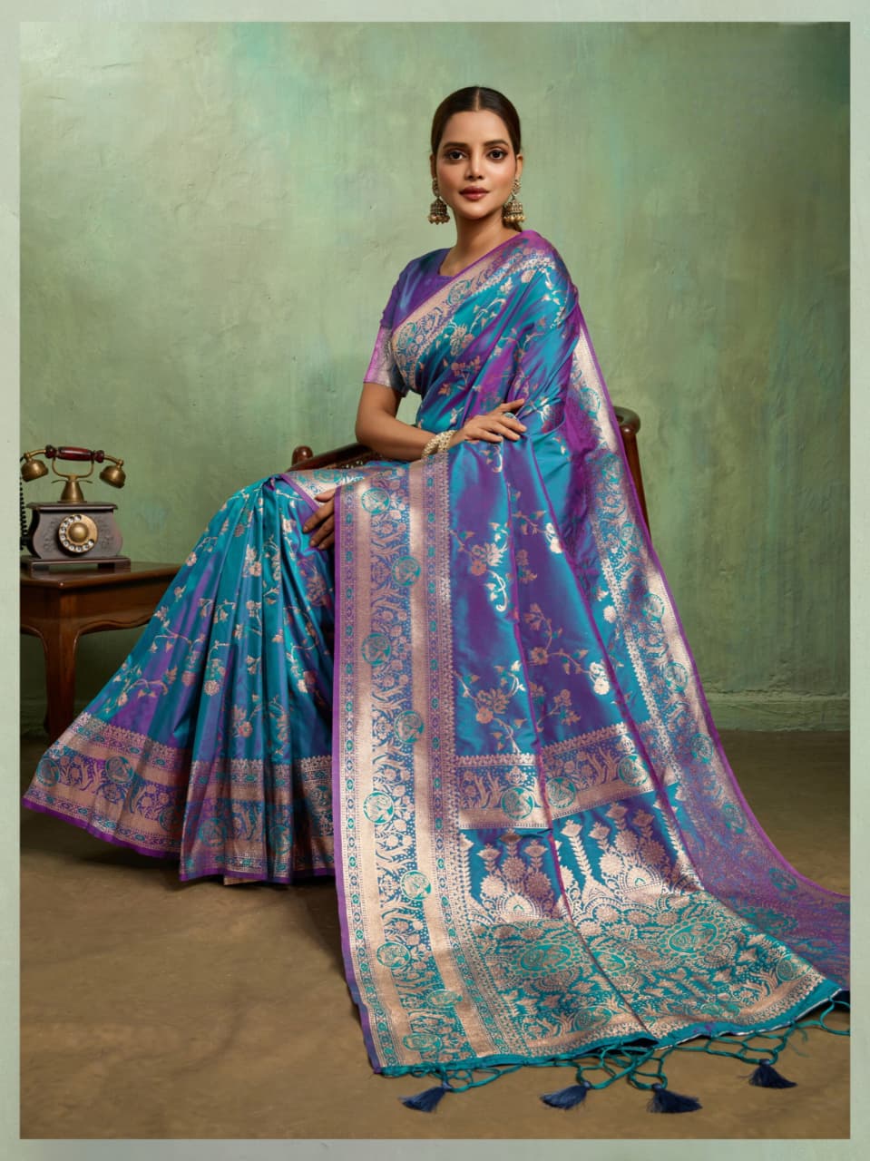 Blue Banarasi Silk Golden Zari Woven Saree