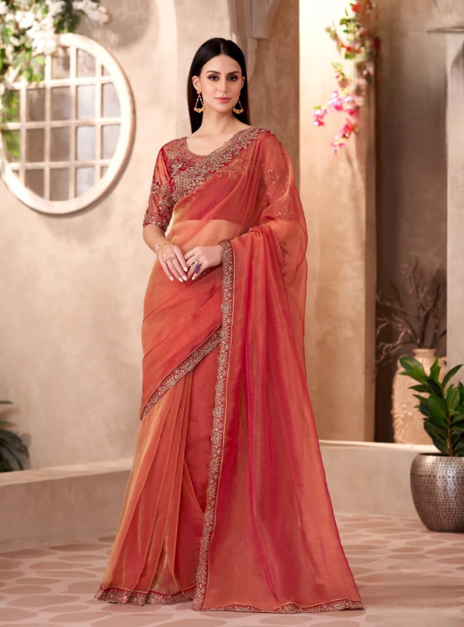 Peach Golden Sparkle Tissue Linen Work Saree