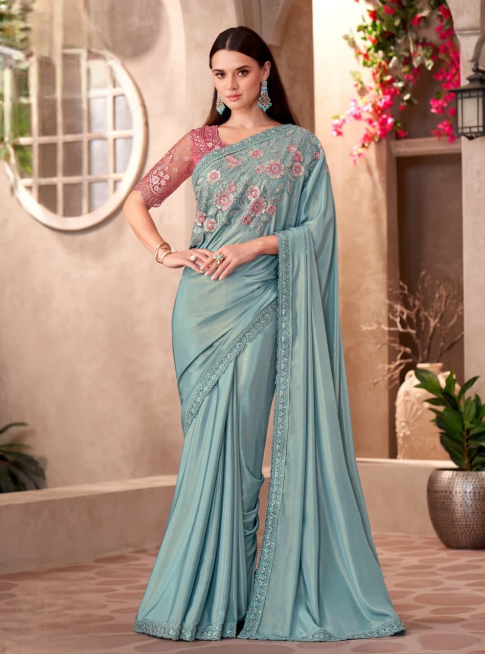 Sky Blue Shimmer Silk Crape Linen Work Saree