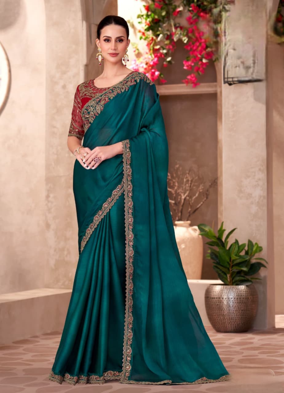 Teal Green Sparkle Shaded Chiffon Georgette Work Saree