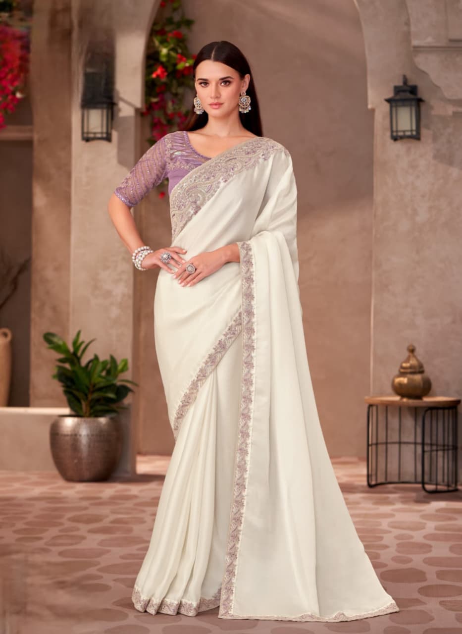 Pearl White Shining Georgette Linen Work Saree